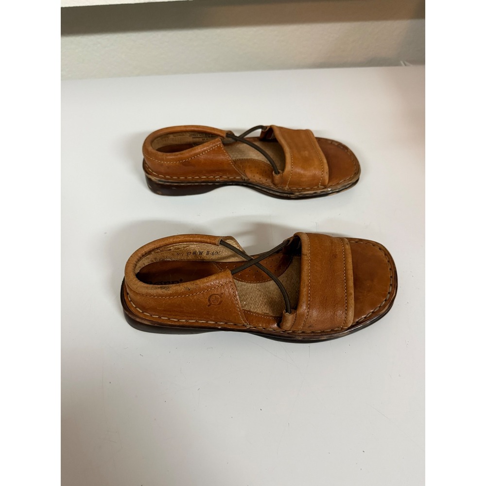Born Handcrafted Leather Sandals Womens 6.5 Tan Brown Slip On Elastic - Picture 2 of 7